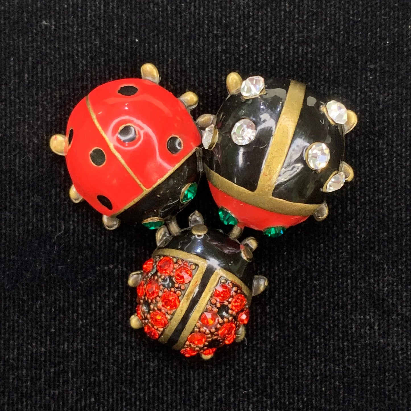 Vintage En Treblant Lady Bug Family Brooch Pin - Trembler Broach - Lady Bug Group in Enamel and Rhinestone - The Baby Bug Moves