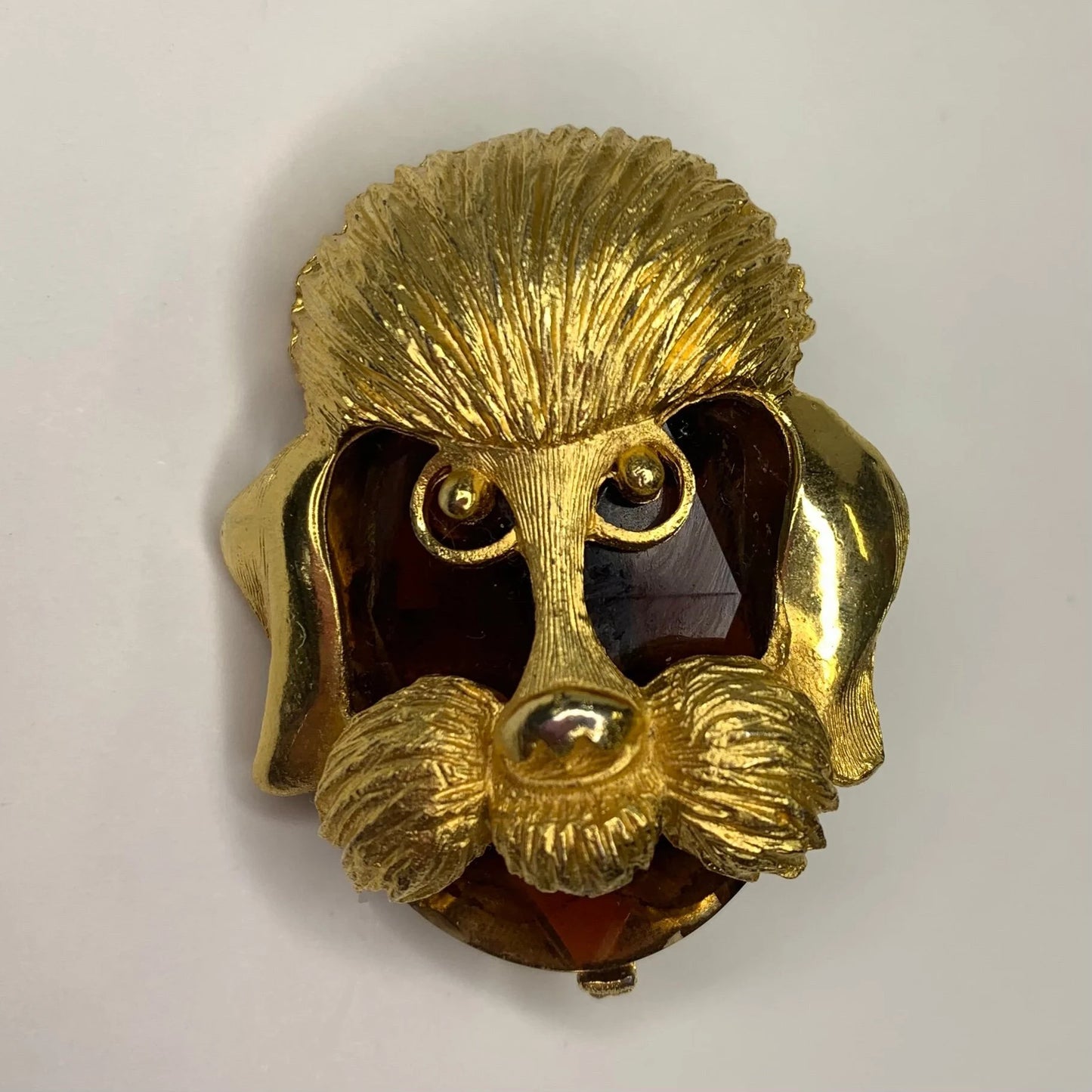 Poodle Brooch - with Rich Brown Glass Setting in Gold Tone Poodle Head Surround - Beautiful Brown Poodle Brooch - Poodle/ Dog Lover Brooch