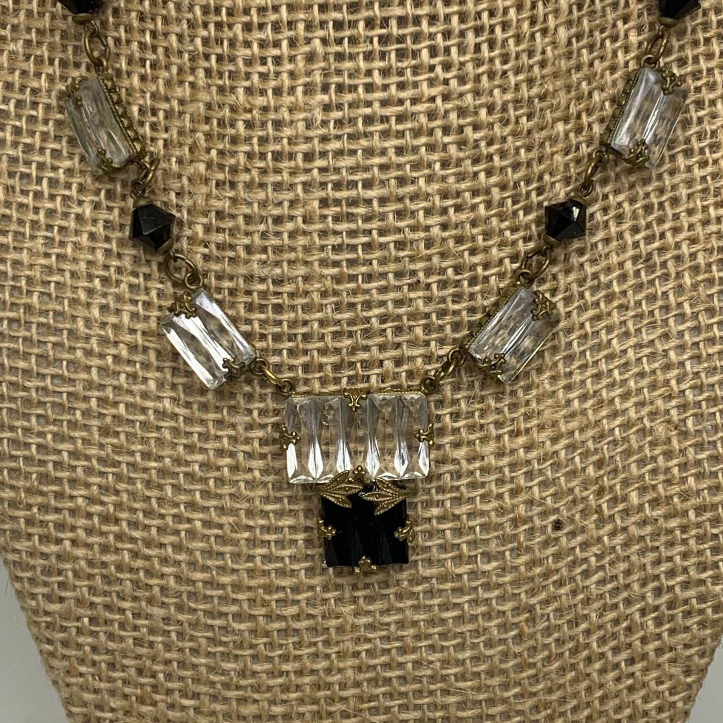 Vintage Black and Clear Crystal Necklace Set in Gold-Bronze Tone