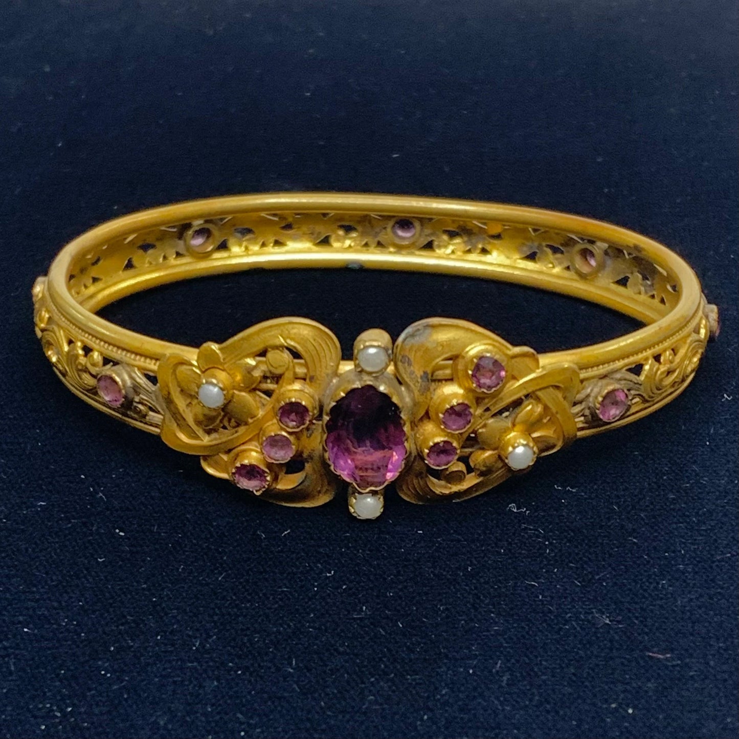 Vintage Victorian Purple Rhinestone and Pearl Bangle Bracelet Set in Gold Tone