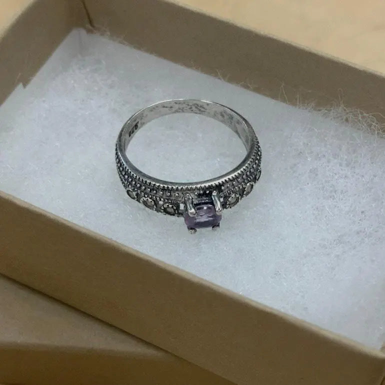 Silver Ring with Purple Stone and Marcasite Gems