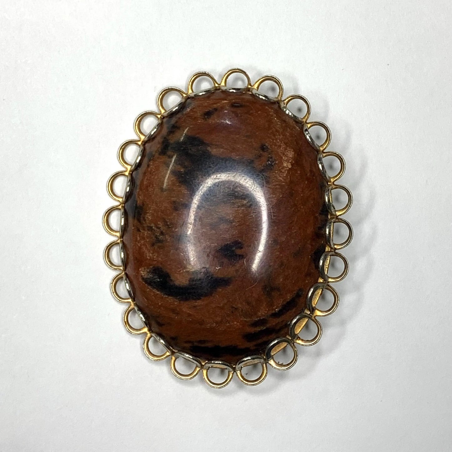 Brown and Black Stone Brooch with Silver-Tone and Gold-Tone Border