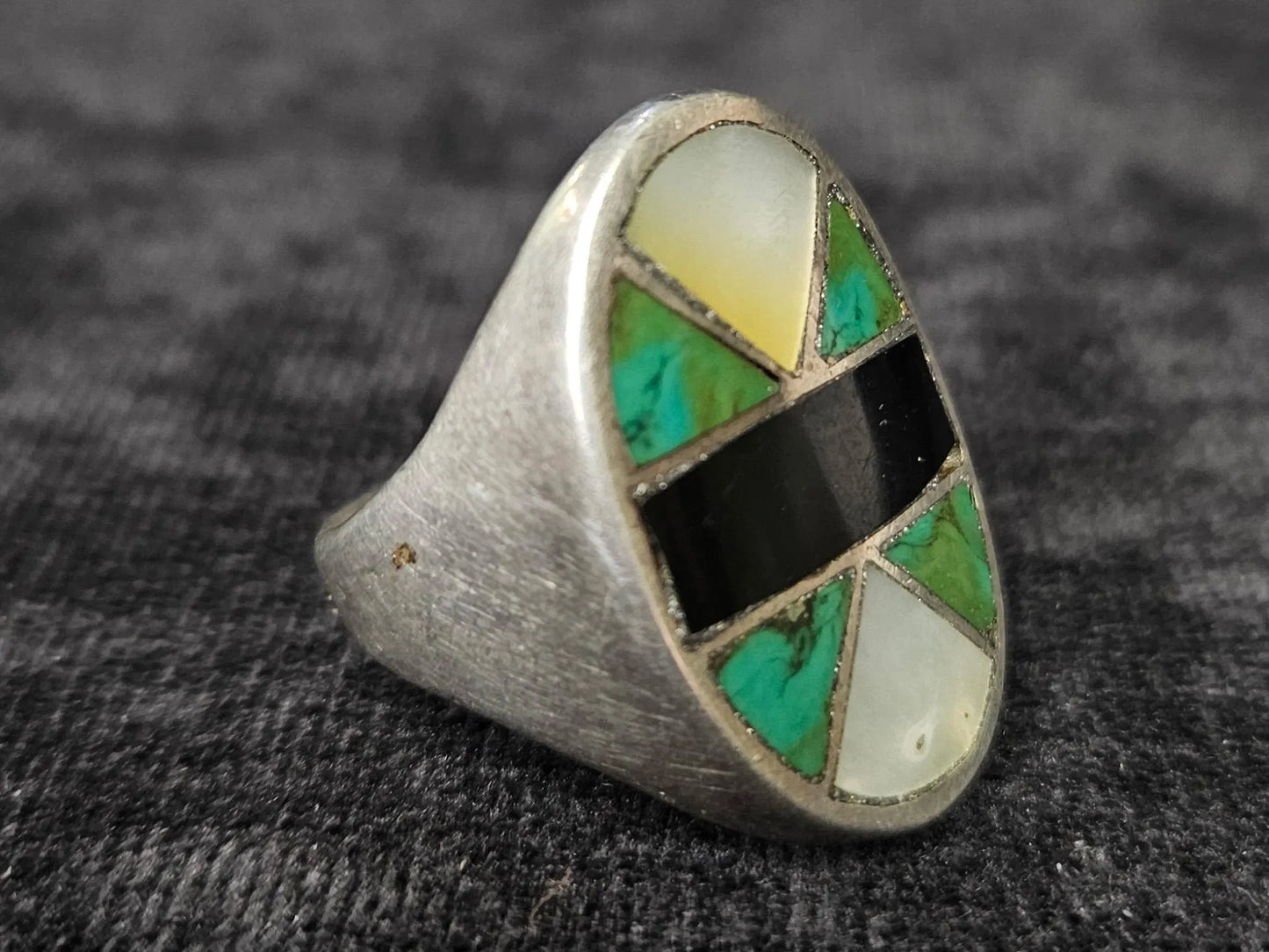 Oval Inlay - Mother of Pear, Turquoise, and Onyx Set in .925 Silver Ring- Size 11.5 Men's Ring- Native American Silver Pattern