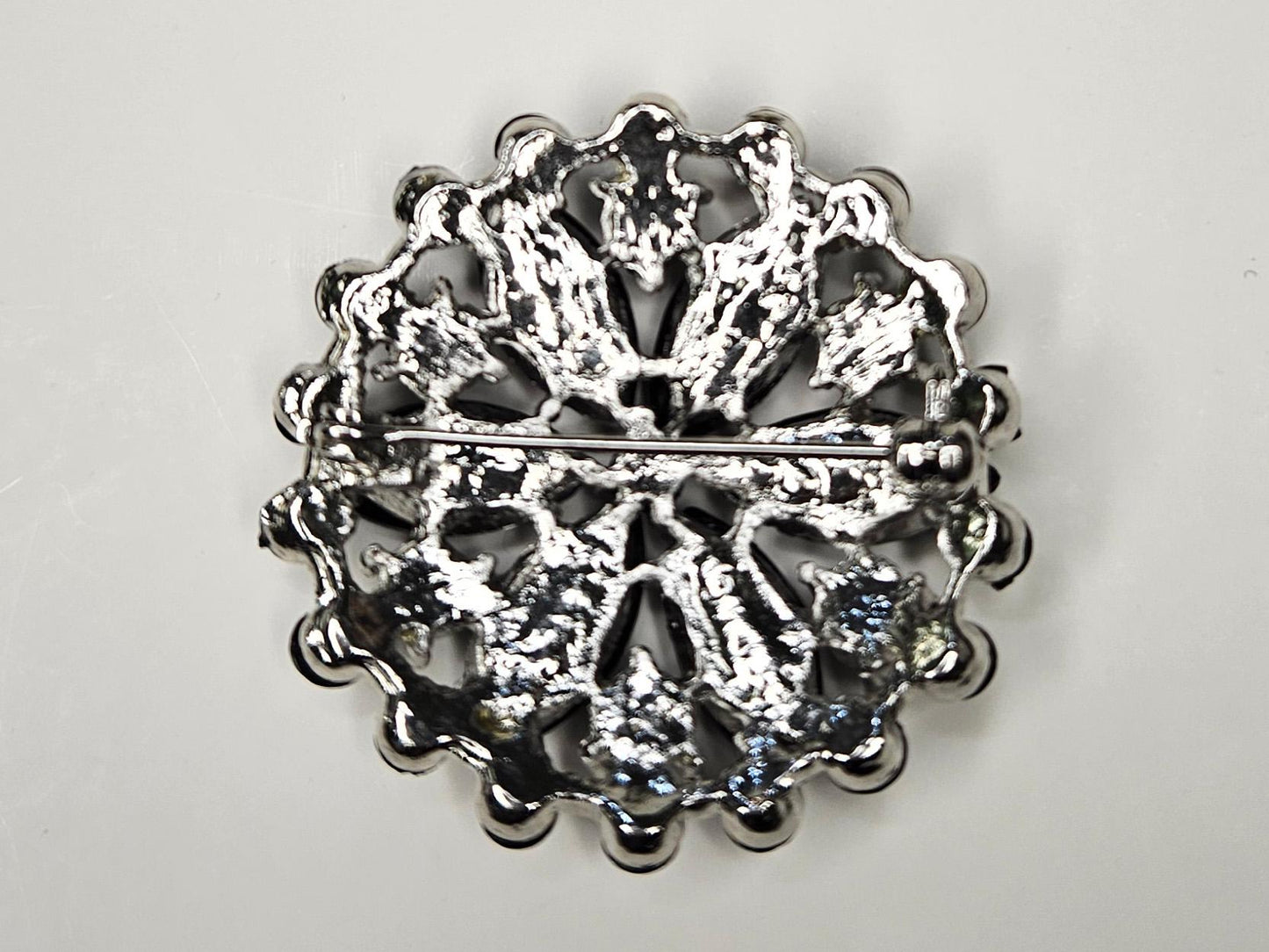 Mourning Period Black Glass Flower Brooch - Marked Navettes - Prong Set Flower Shape