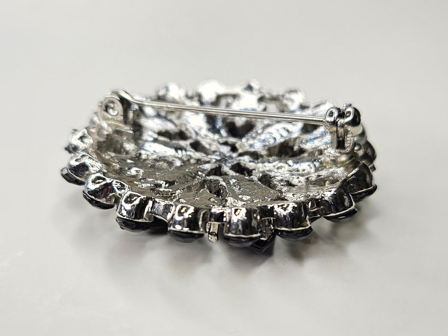 Mourning Period Black Glass Flower Brooch - Marked Navettes - Prong Set Flower Shape