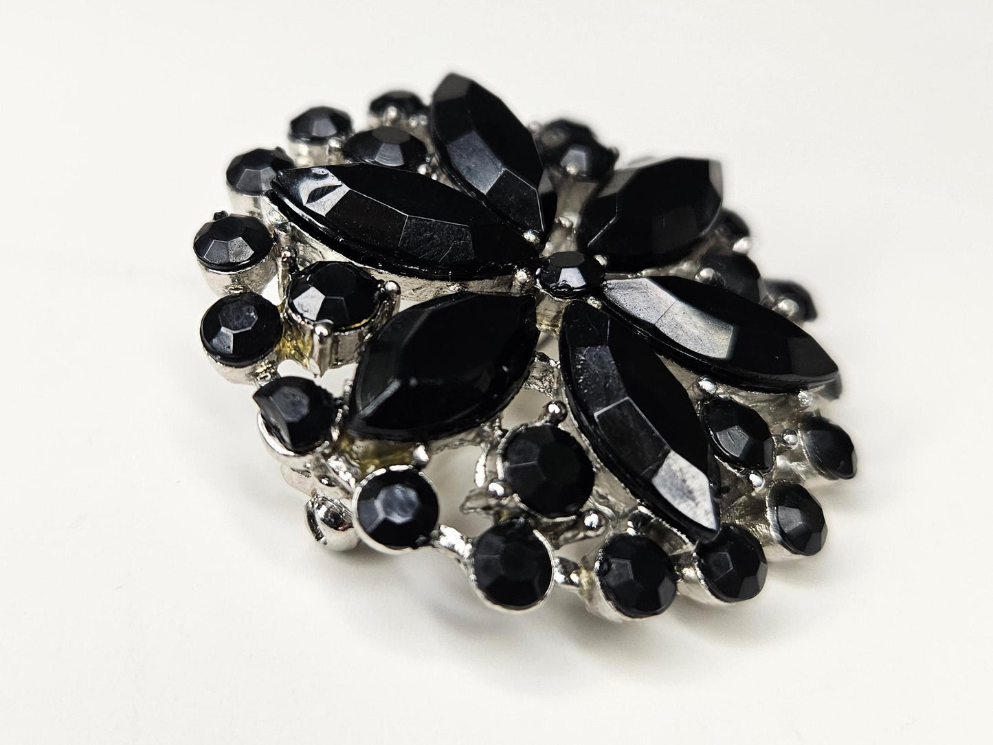Mourning Period Black Glass Flower Brooch - Marked Navettes - Prong Set Flower Shape