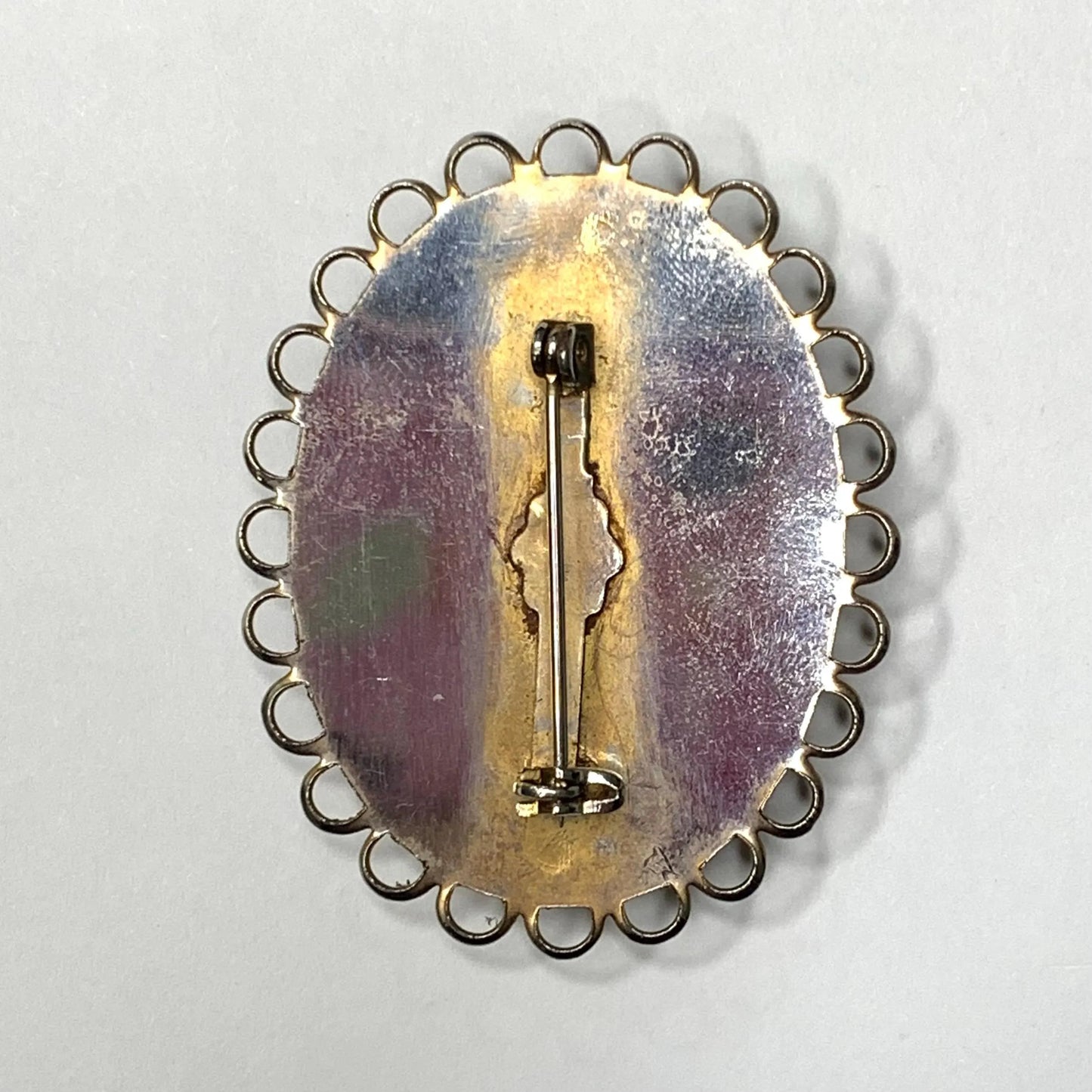 Brown and Black Stone Brooch with Silver-Tone and Gold-Tone Border