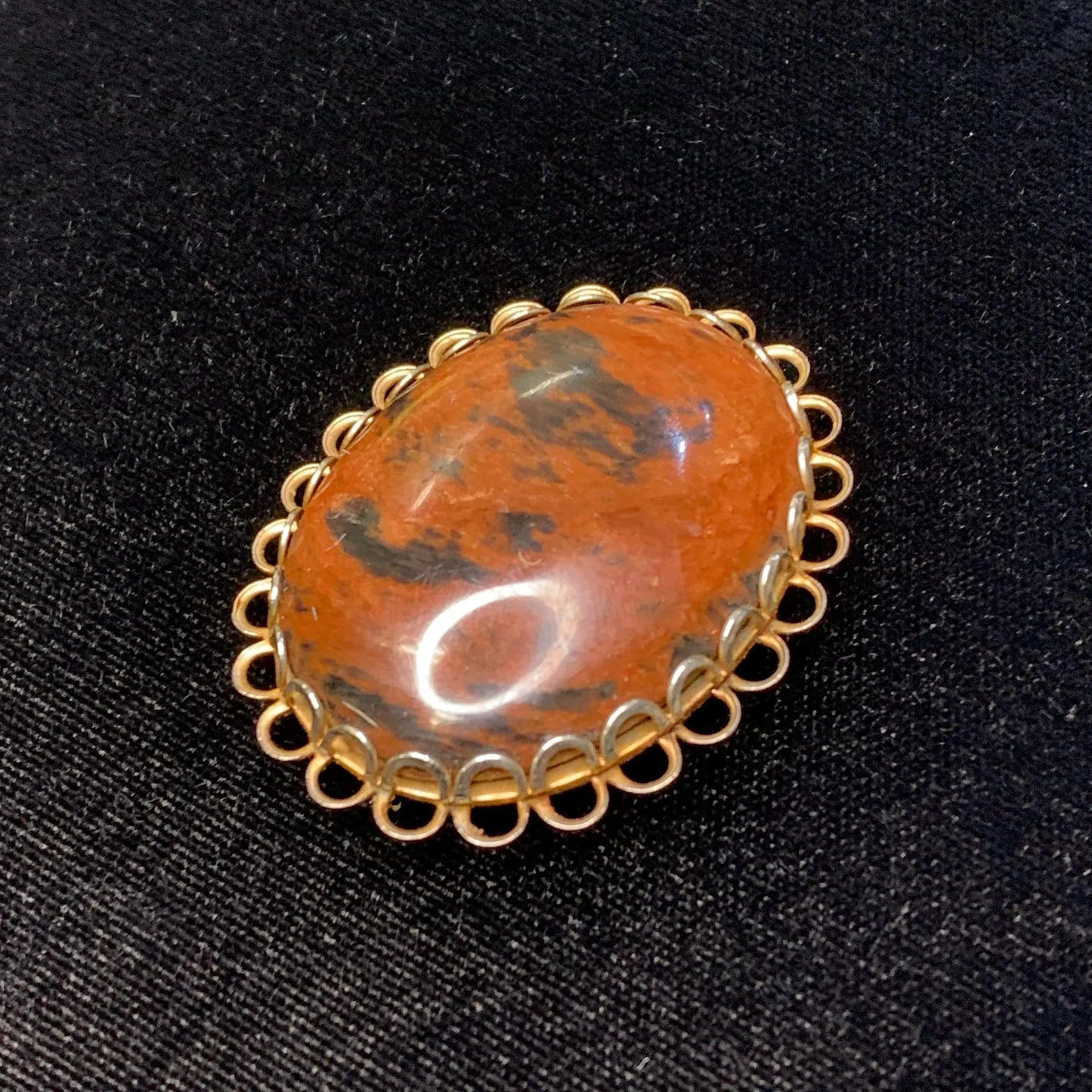 Brown and Black Stone Brooch with Silver-Tone and Gold-Tone Border