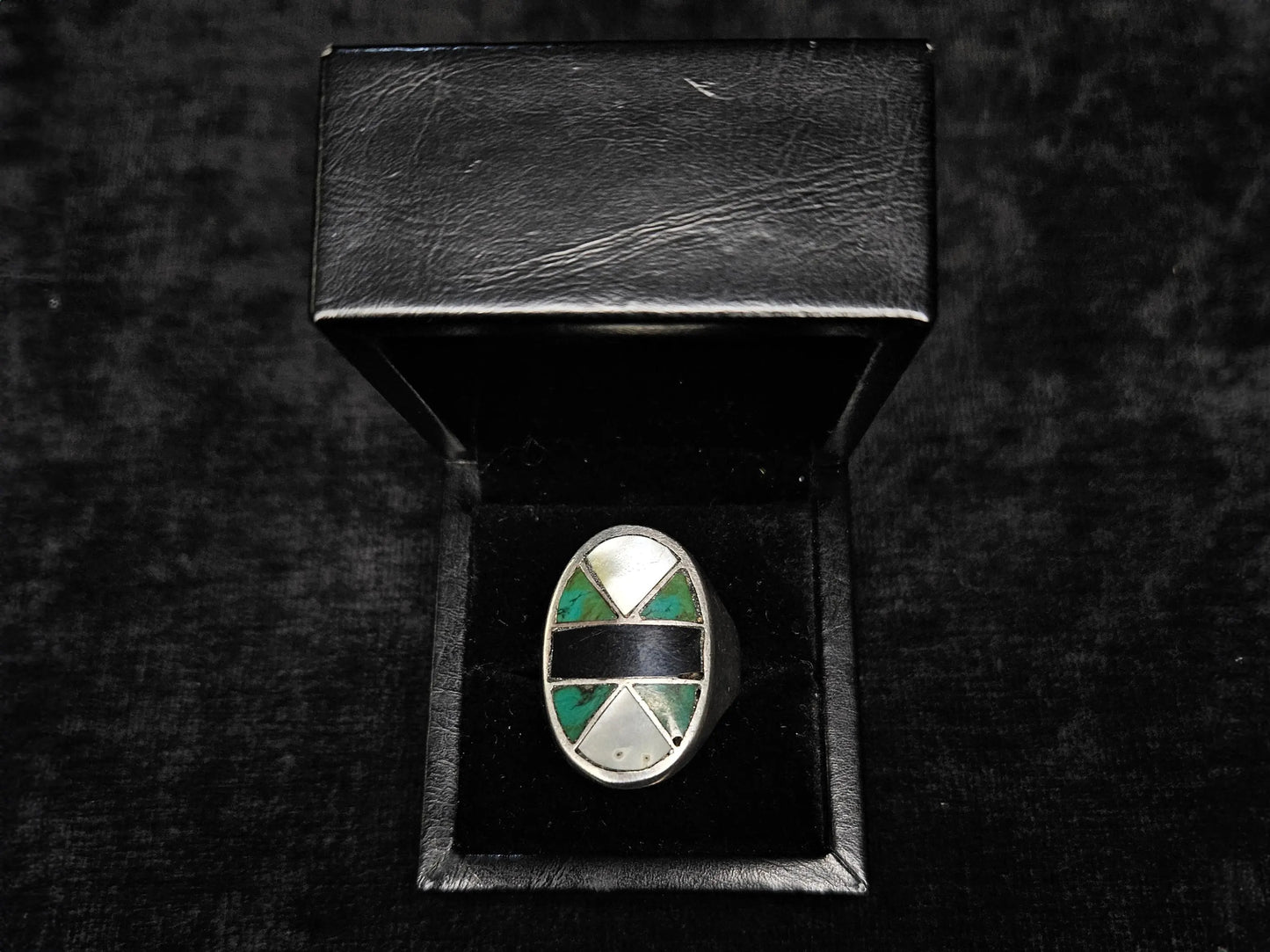 Oval Inlay - Mother of Pear, Turquoise, and Onyx Set in .925 Silver Ring- Size 11.5 Men's Ring- Native American Silver Pattern