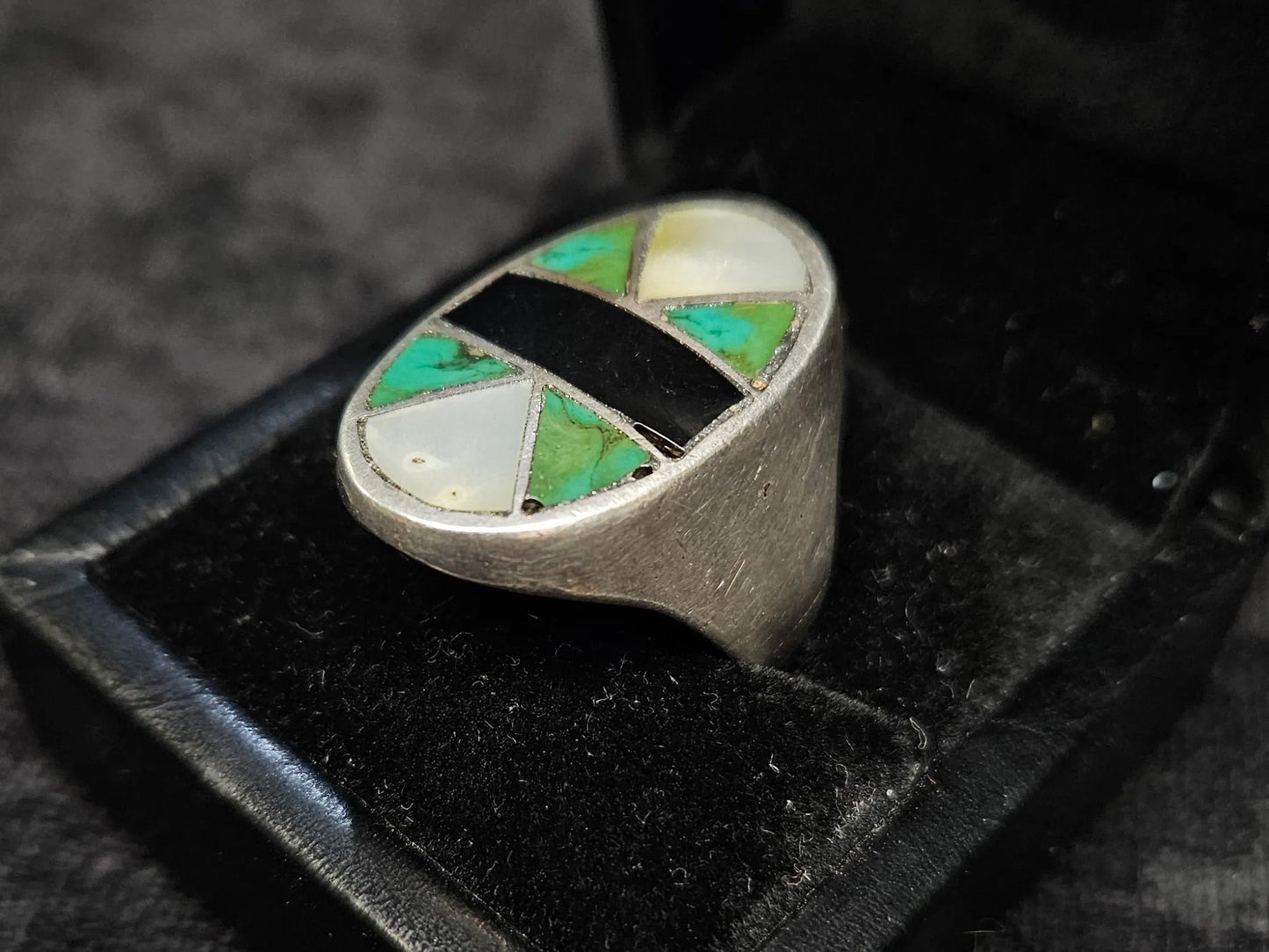 Oval Inlay - Mother of Pear, Turquoise, and Onyx Set in .925 Silver Ring- Size 11.5 Men's Ring- Native American Silver Pattern