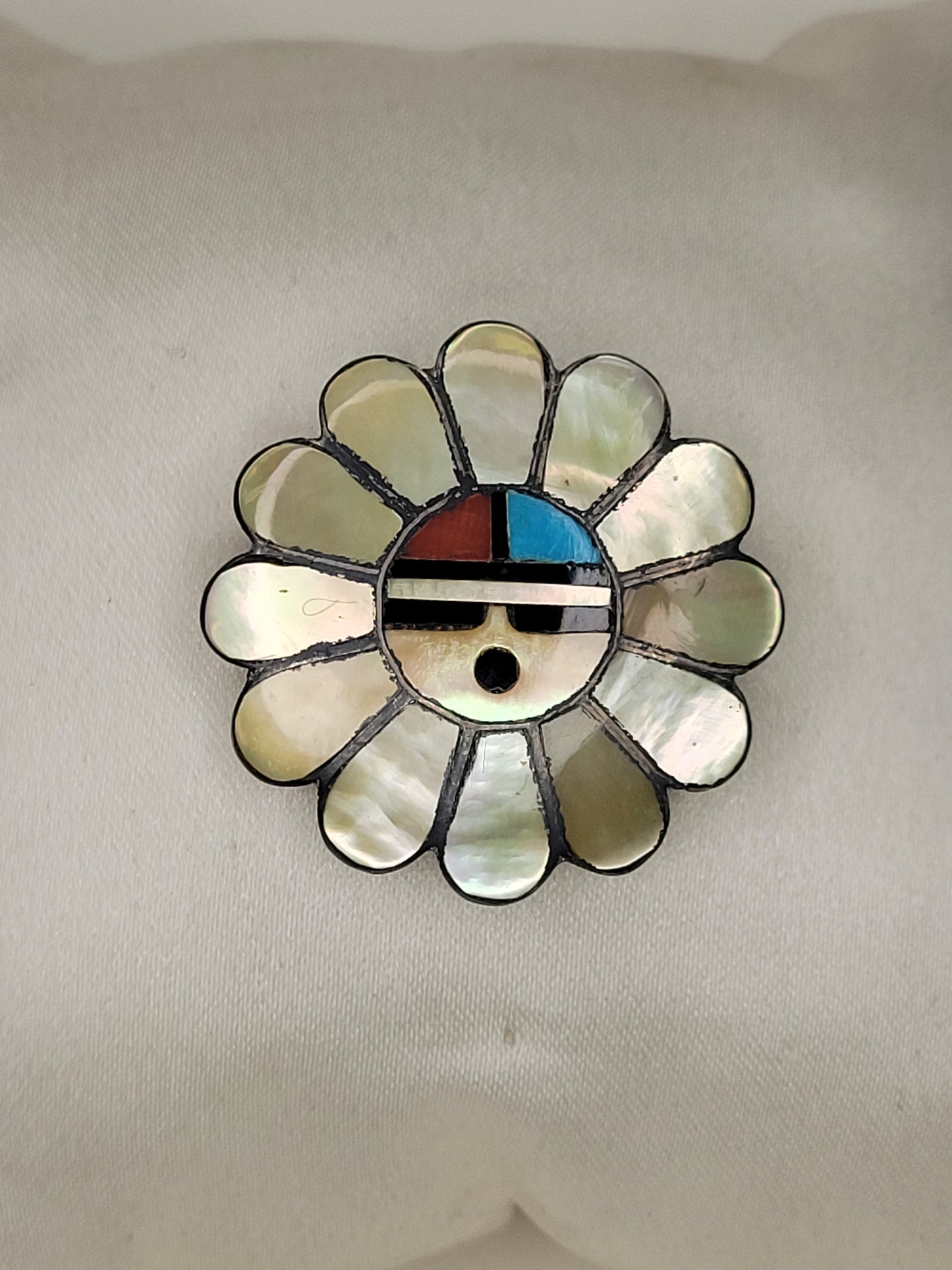 Zuni Sun Face Pin - Zuni Sun Face Pendant - Dual Use Zuni Pin/Pendant -  Shell, Tourquoise, Coral and Onyx Channel set on 9.25 Silver Base