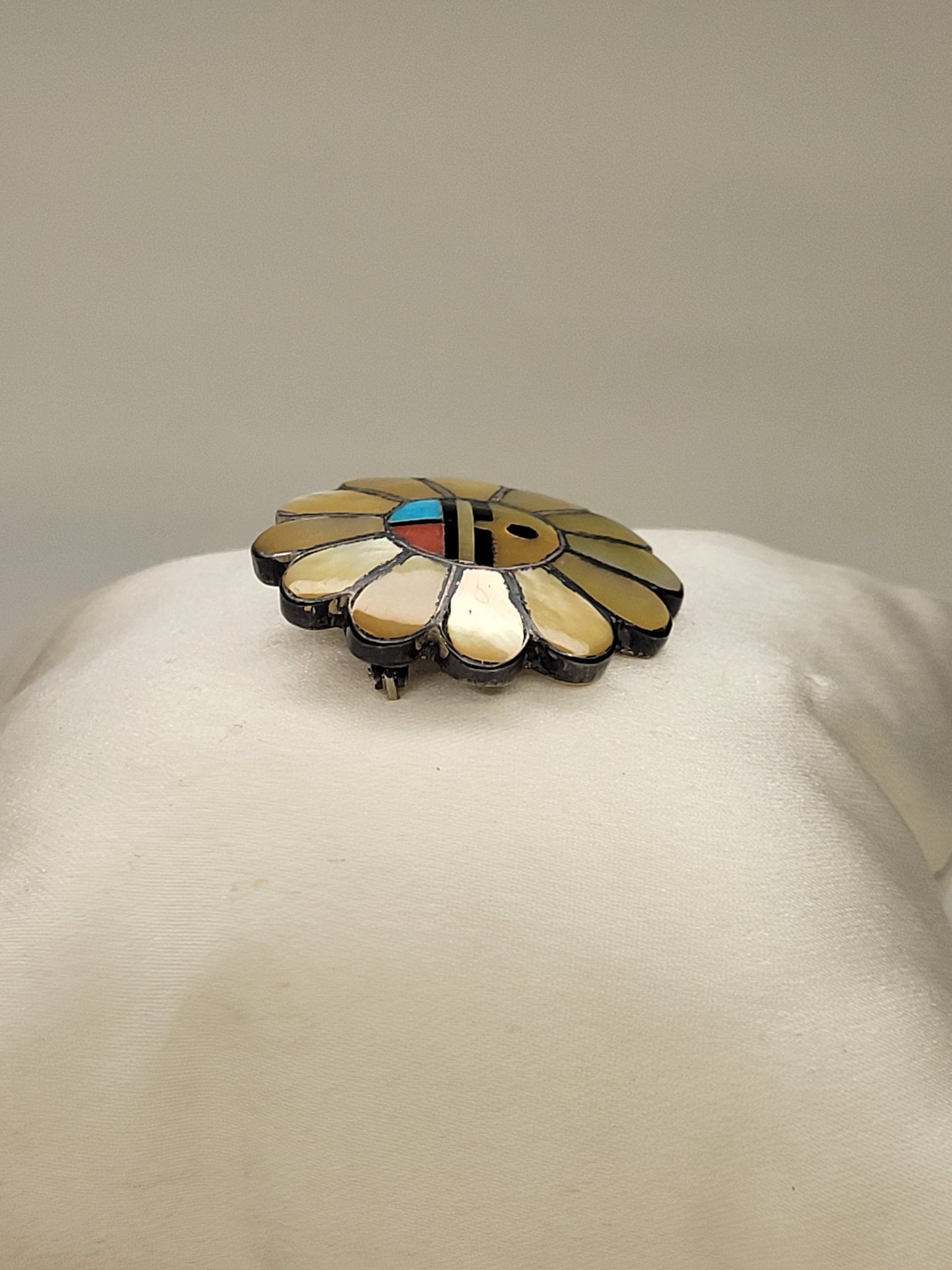 Zuni Sun Face Pin - Zuni Sun Face Pendant - Dual Use Zuni Pin/Pendant -  Shell, Tourquoise, Coral and Onyx Channel set on 9.25 Silver Base