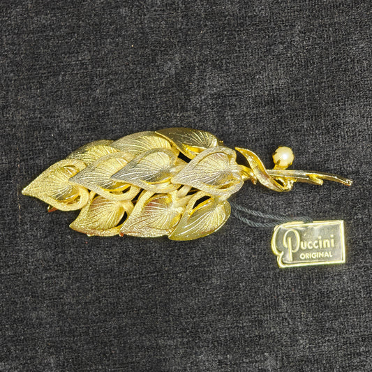 Puccini Original Golden Leaves Brooch - Faux Pearl Accent - Mid Century large 4" Puccini Original Vintage Brooch