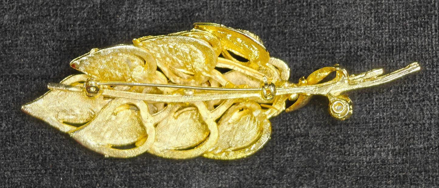 Puccini Original Golden Leaves Brooch - Faux Pearl Accent - Mid Century large 4" Puccini Original Vintage Brooch