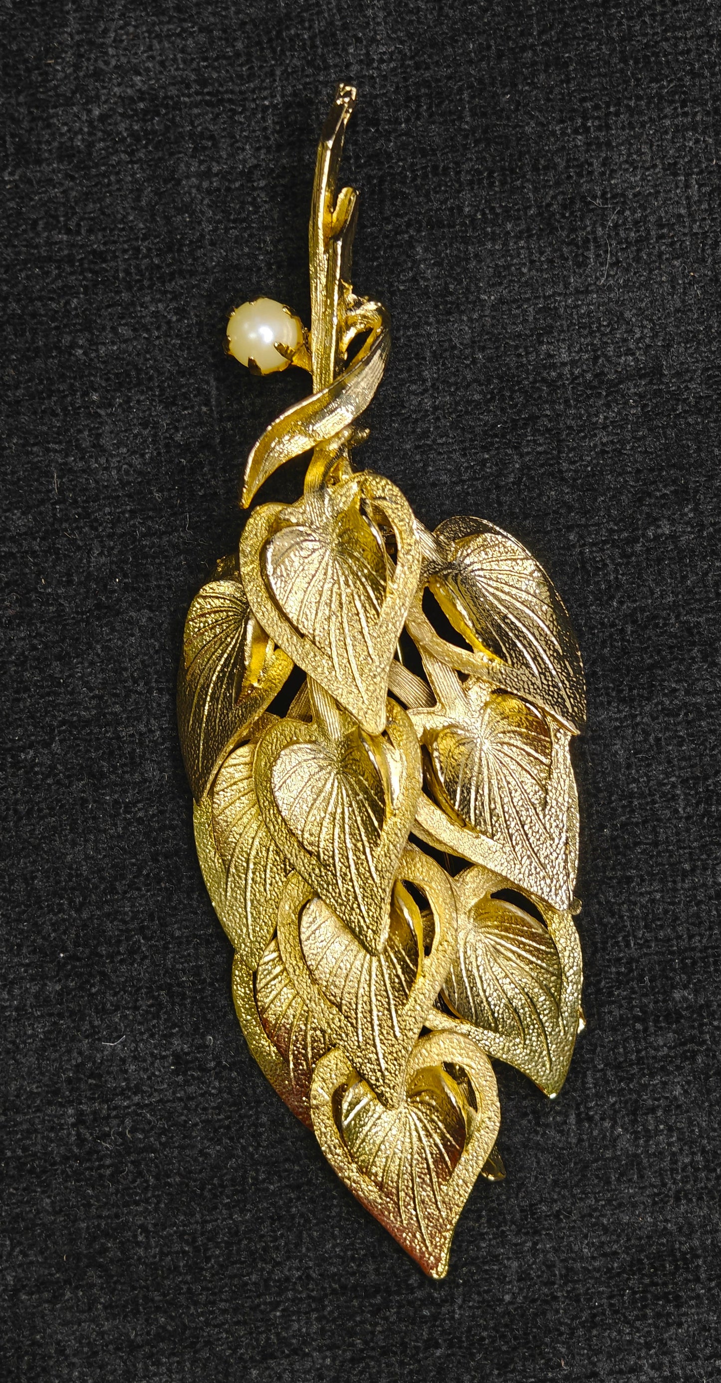 Puccini Original Golden Leaves Brooch - Faux Pearl Accent - Mid Century large 4" Puccini Original Vintage Brooch