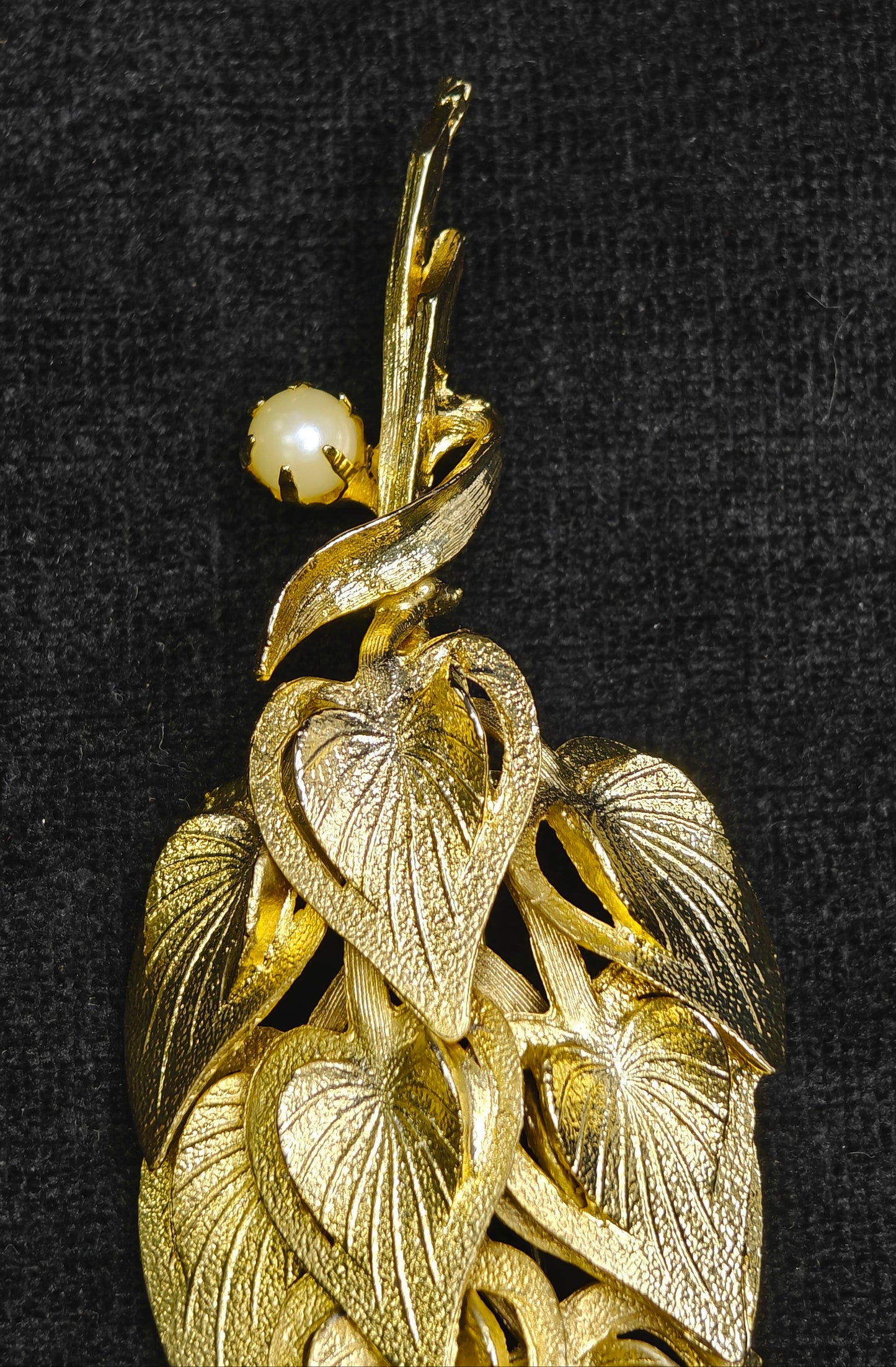 Puccini Original Golden Leaves Brooch - Faux Pearl Accent - Mid Century large 4" Puccini Original Vintage Brooch
