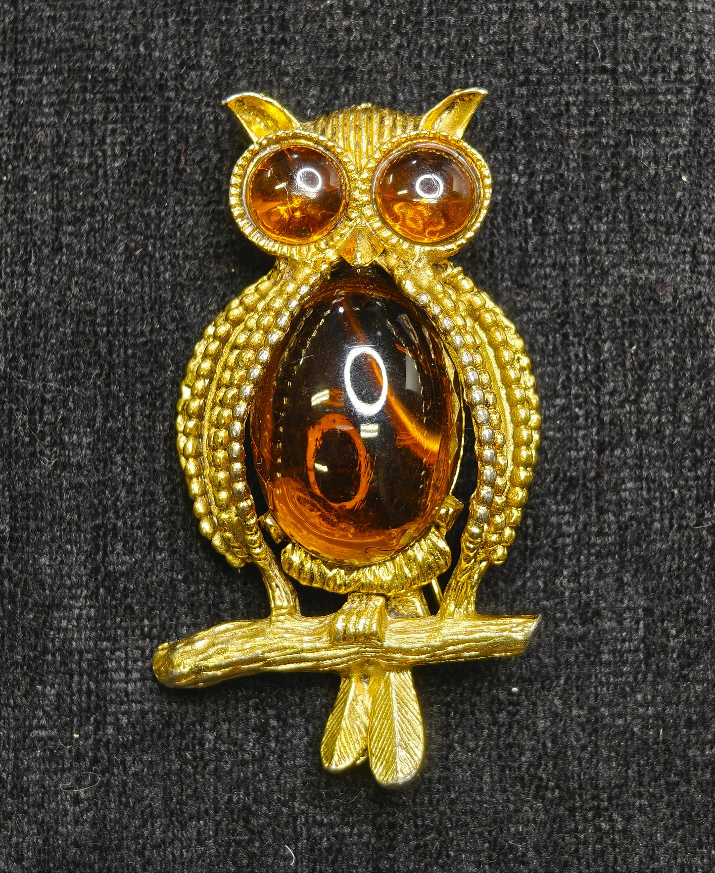 Hobé Owl Pin with Glass Topaz Jelly Belly Center - Mid Century, Figural Brooch
