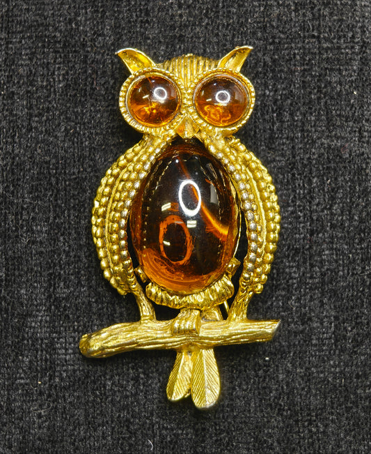 Hobé Owl Pin with Glass Topaz Jelly Belly Center - Mid Century, Figural Brooch