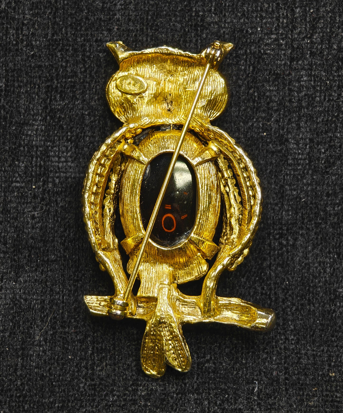 Hobé Owl Pin with Glass Topaz Jelly Belly Center - Mid Century, Figural Brooch