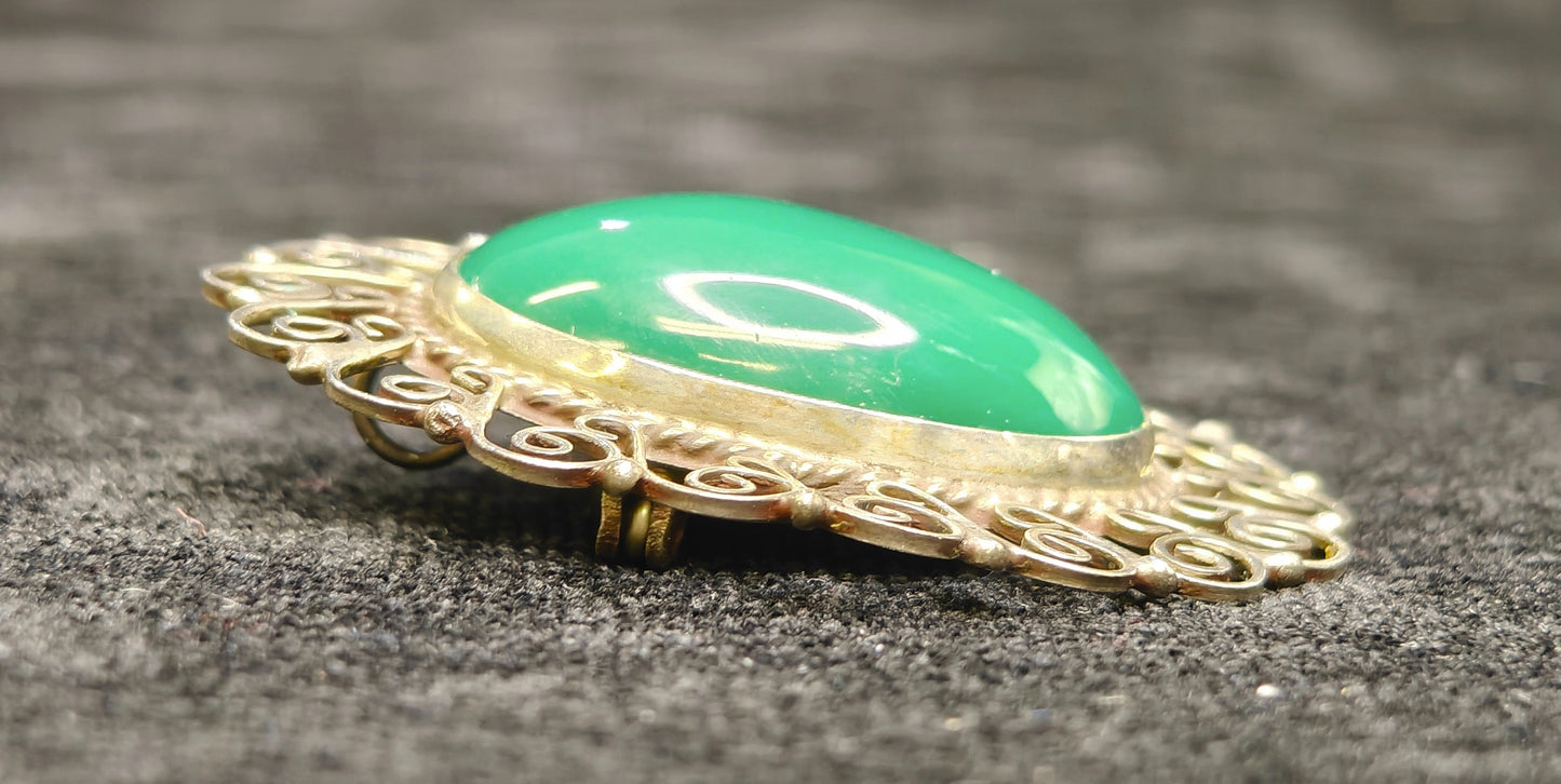 EME Green Stone Filigree Brooch/Pin and Pendant