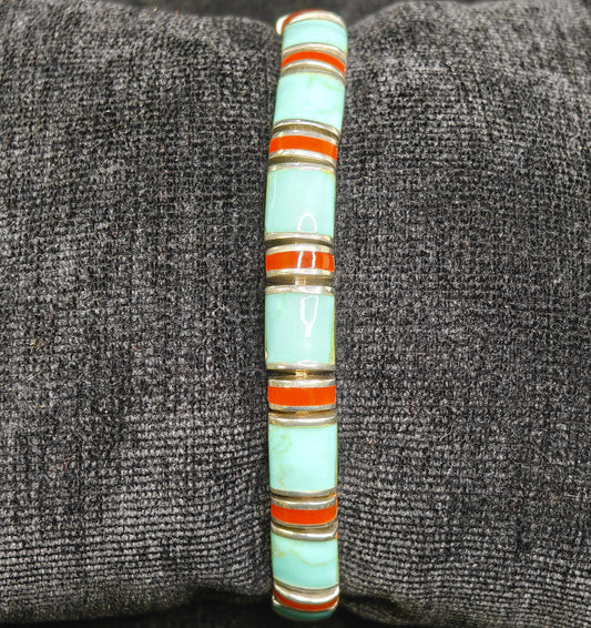 Turquoise and Coral Inlays on .925 Silver Bracelet - Vintage 1980s