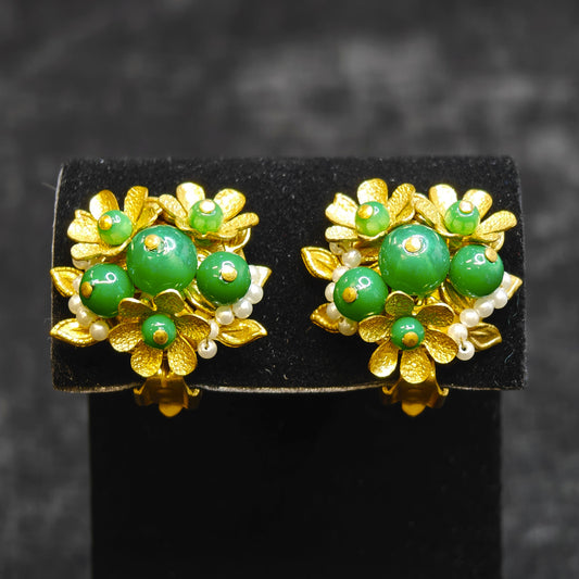 Gold, Pearl and Jade Flower Cluster Clip-On Earrings