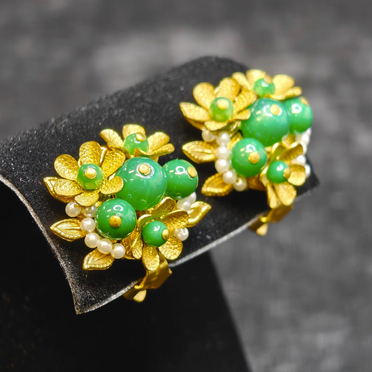 Gold, Pearl and Jade Flower Cluster Clip-On Earrings