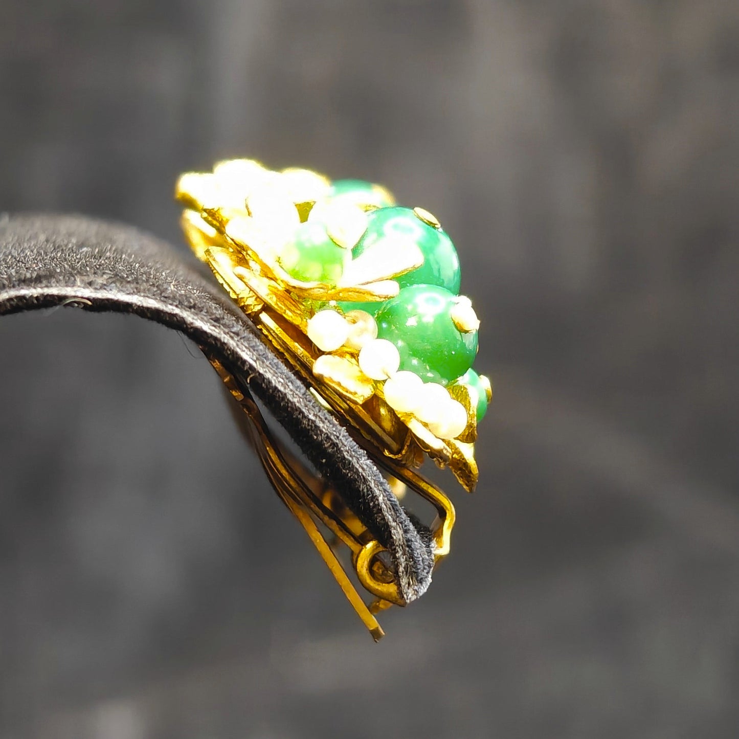 Gold, Pearl and Jade Flower Cluster Clip-On Earrings