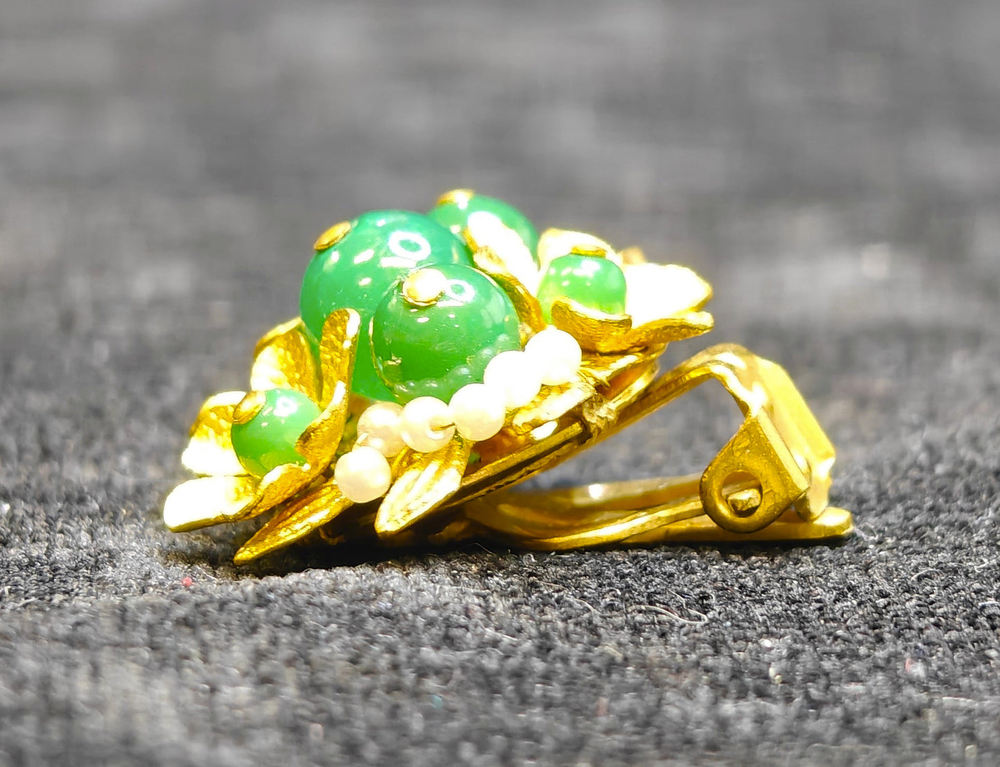Gold, Pearl and Jade Flower Cluster Clip-On Earrings