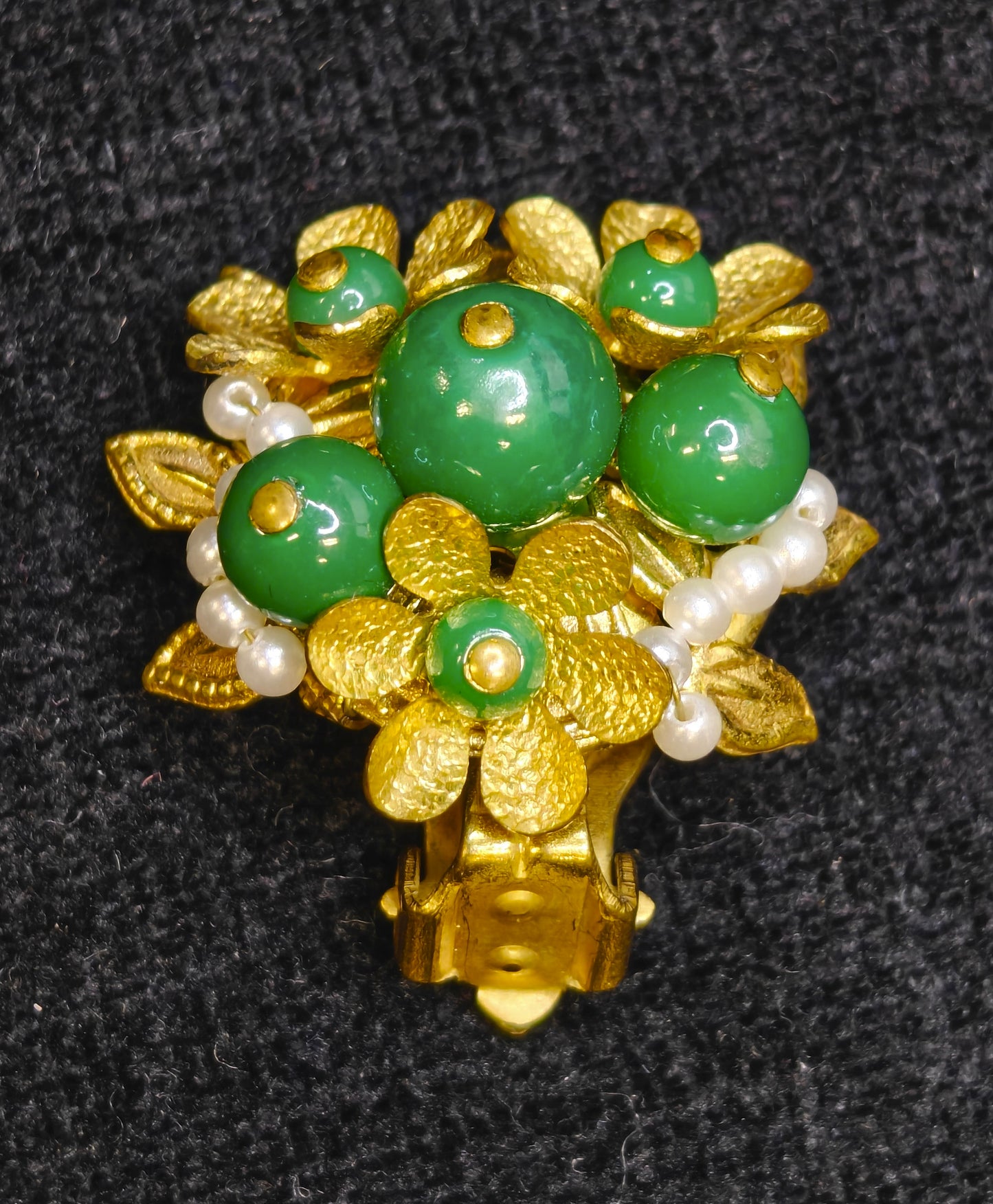 Gold, Pearl and Jade Flower Cluster Clip-On Earrings