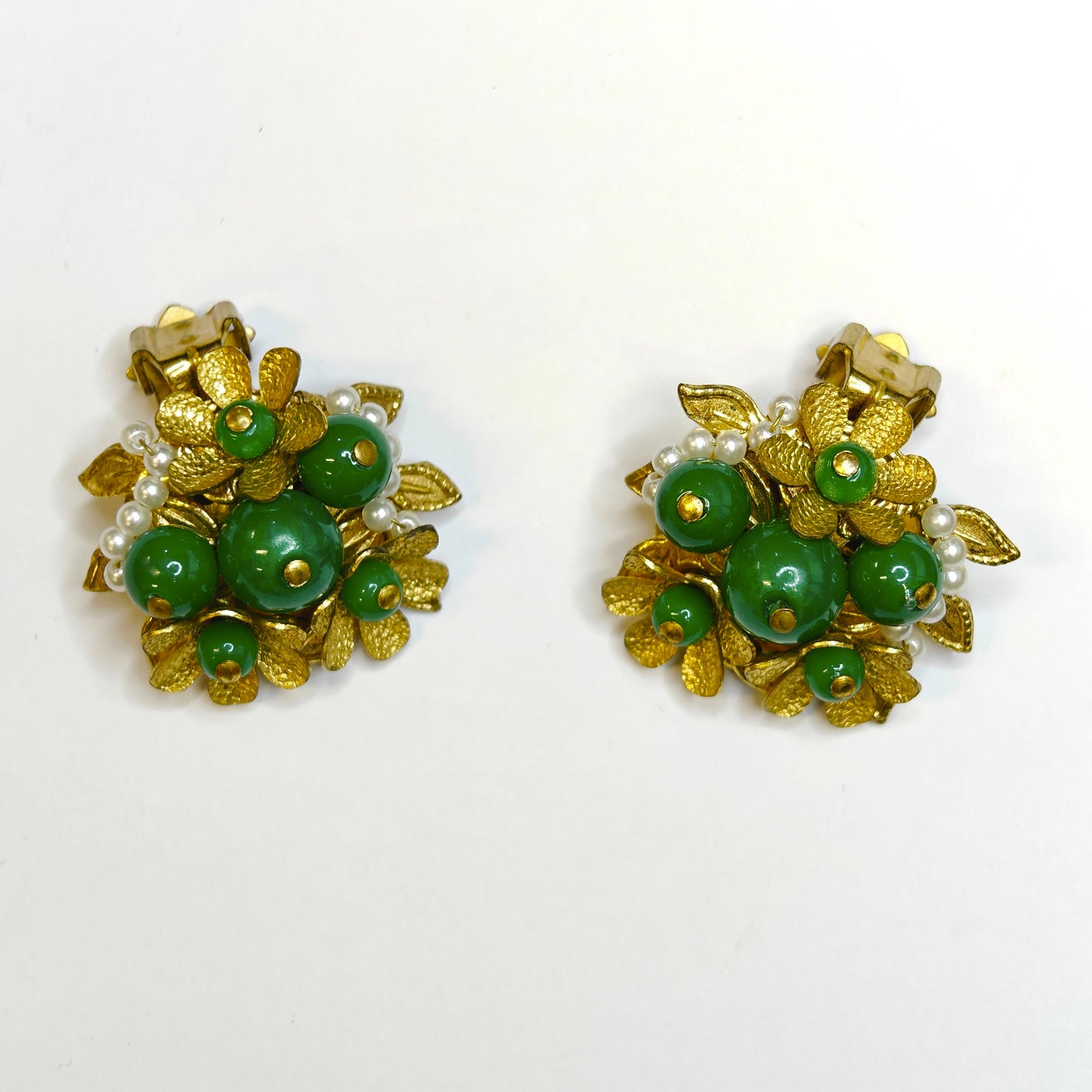 Gold, Pearl and Jade Flower Cluster Clip-On Earrings