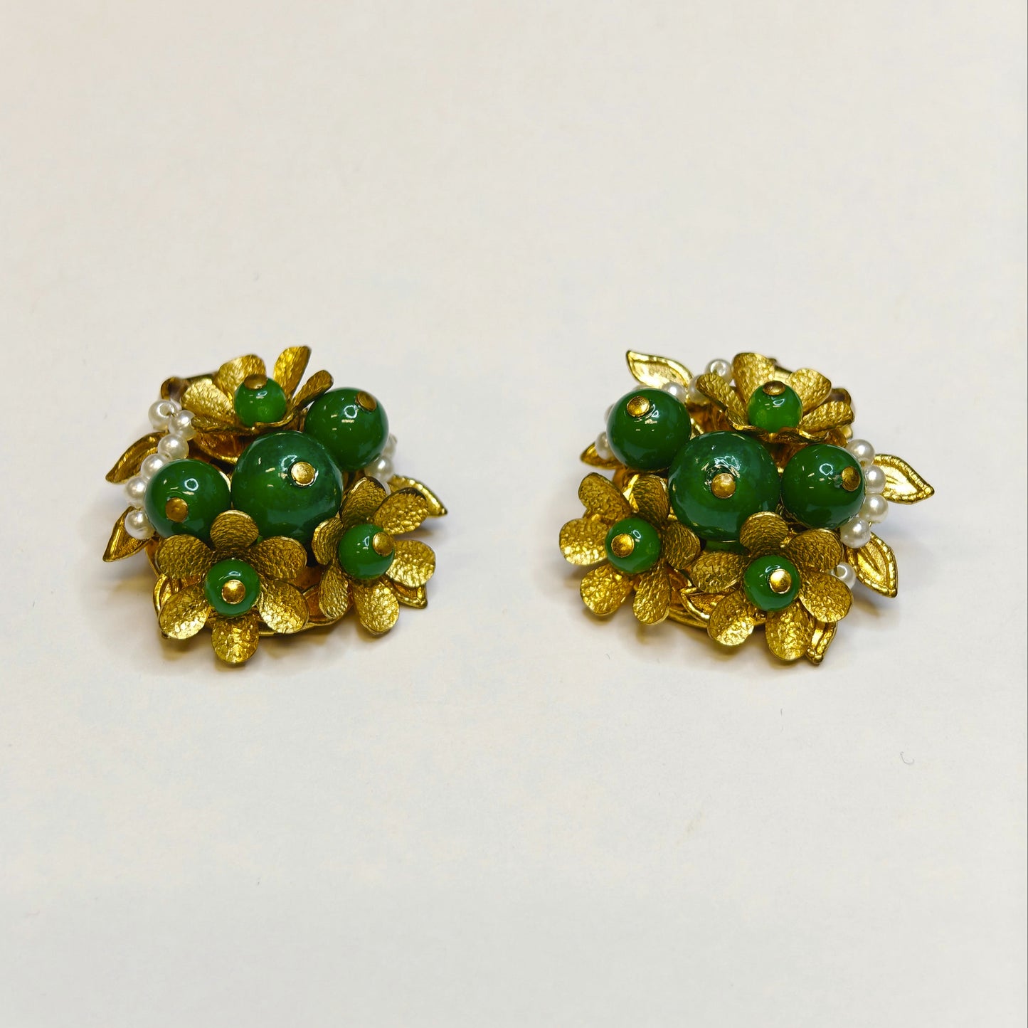 Gold, Pearl and Jade Flower Cluster Clip-On Earrings