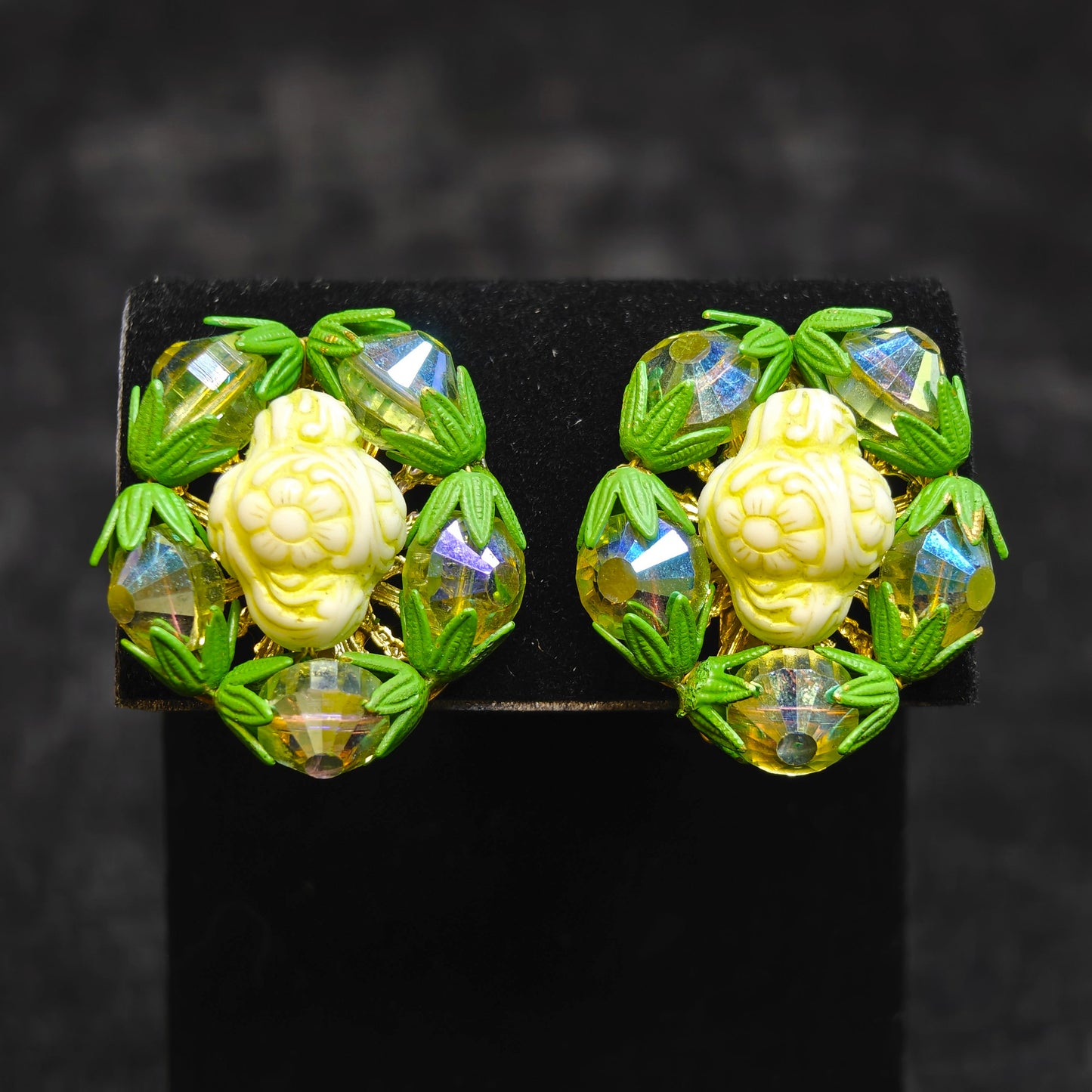 with Green Crystals Surrounding a Creamy Carved Center Settings - Hobe Earrings in Green and Cream
