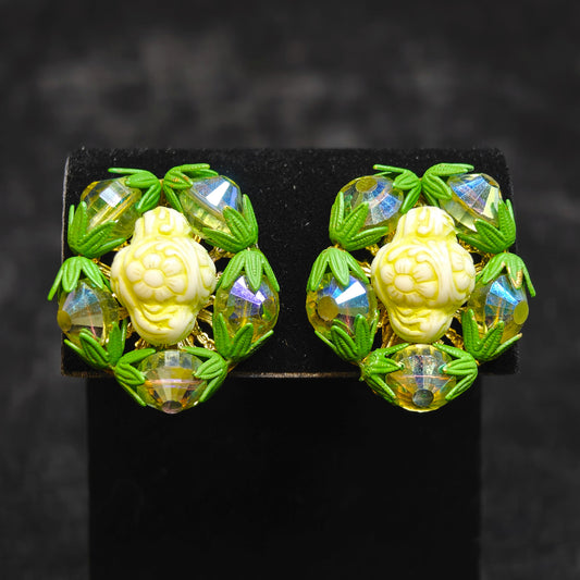 with Green Crystals Surrounding a Creamy Carved Center Settings - Hobe Earrings in Green and Cream