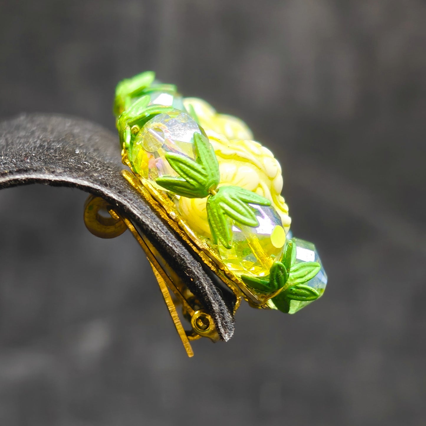 with Green Crystals Surrounding a Creamy Carved Center Settings - Hobe Earrings in Green and Cream