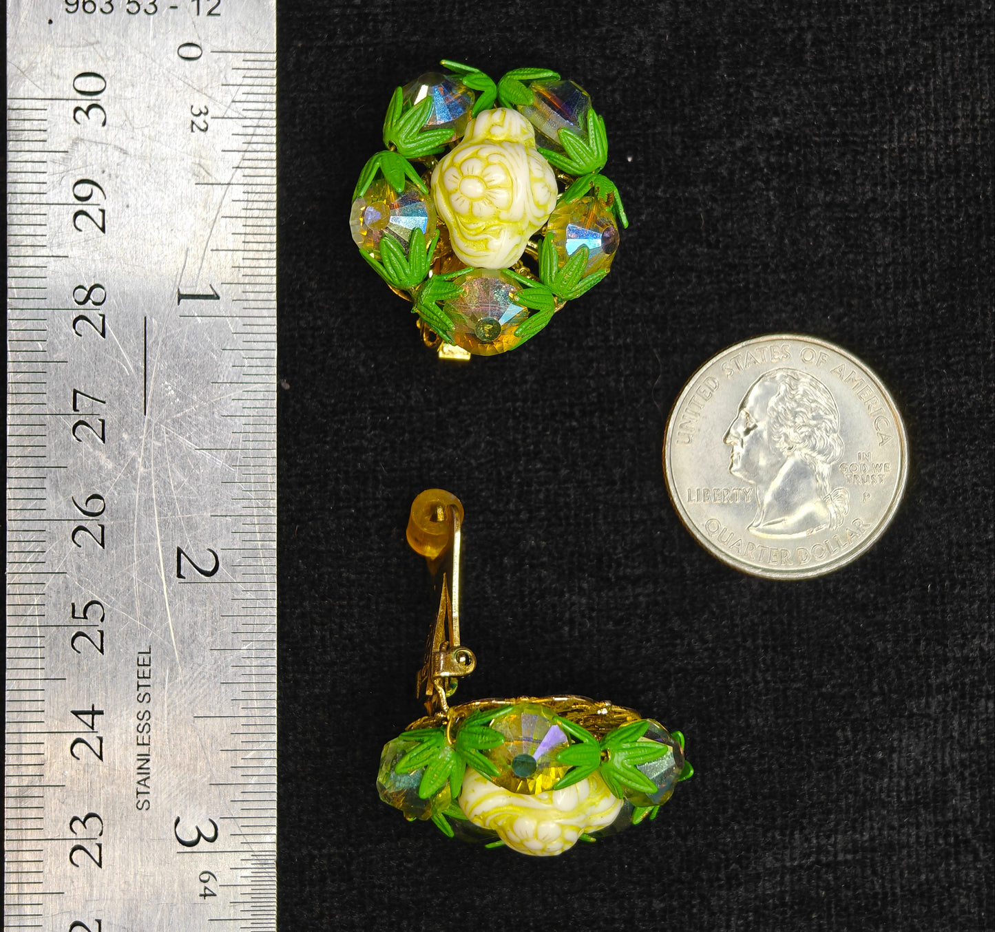 with Green Crystals Surrounding a Creamy Carved Center Settings - Hobe Earrings in Green and Cream