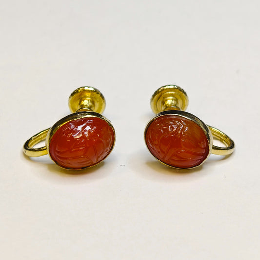 Honey Colored Scarab Earrings - Vintage Screw Back Earrings