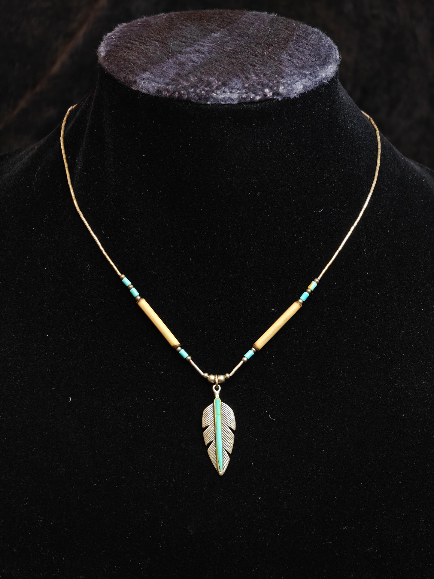 Sterling Silver Feather and Turquoise Stone, Sterling Silver Beads and Bone Beads