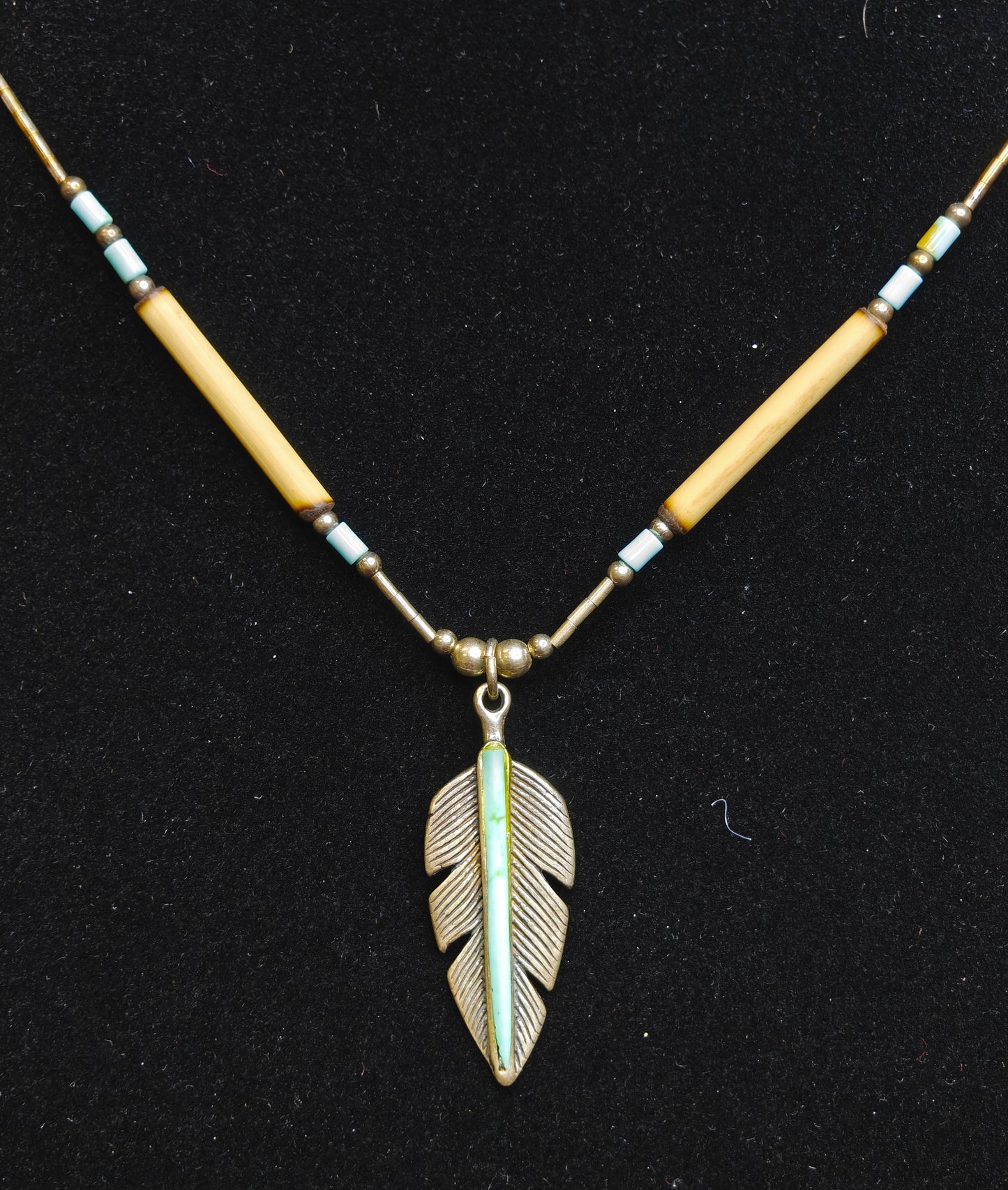 Sterling Silver Feather and Turquoise Stone, Sterling Silver Beads and Bone Beads