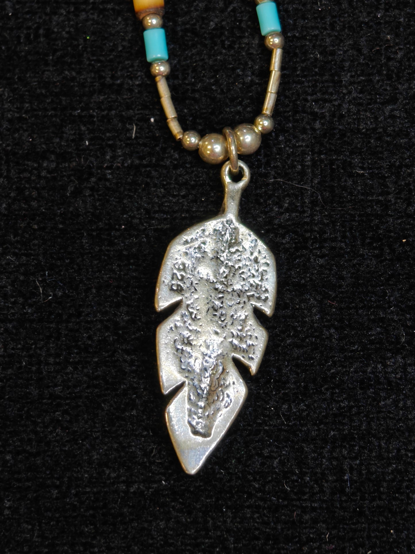 Sterling Silver Feather and Turquoise Stone, Sterling Silver Beads and Bone Beads