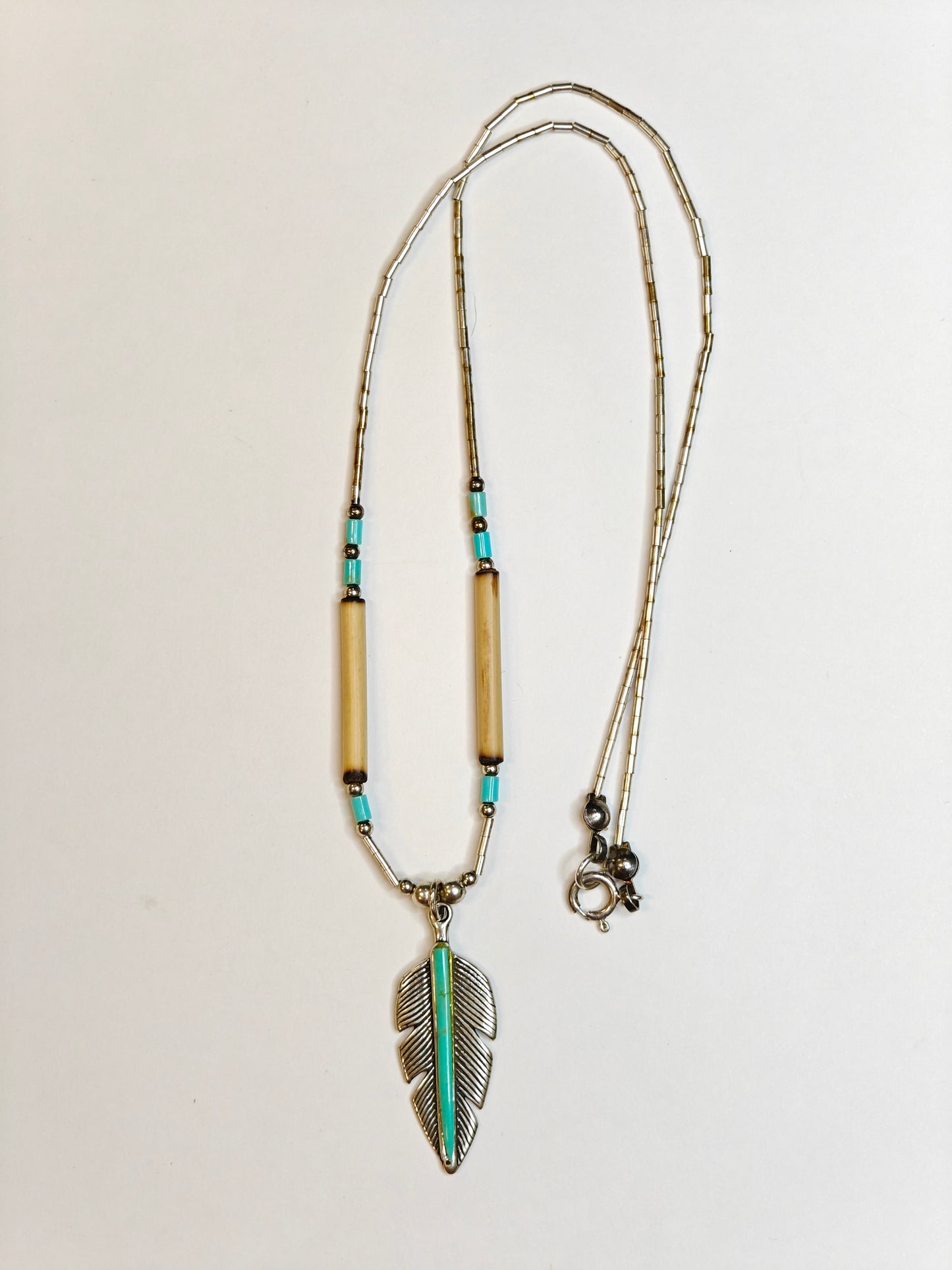 Sterling Silver Feather and Turquoise Stone, Sterling Silver Beads and Bone Beads