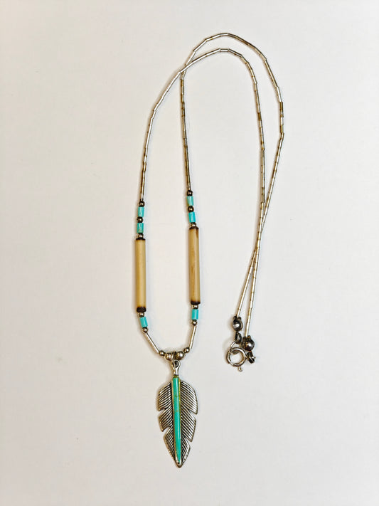 Sterling Silver Feather and Turquoise Stone, Sterling Silver Beads and Bone Beads