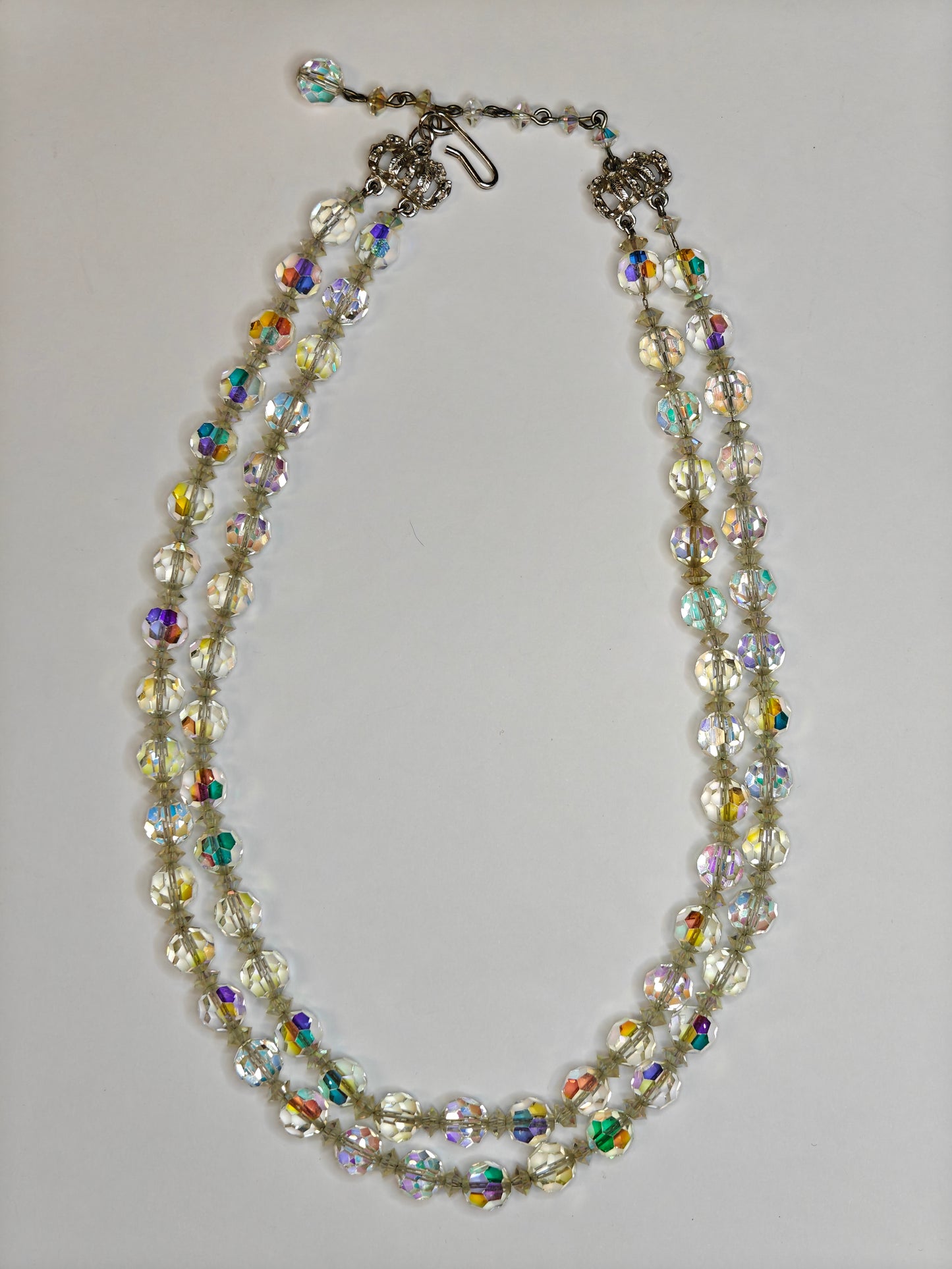 Double Strand Austrian Aurora Borealis Crystal Necklace with Crystal decorated Chain Clasp - Wedding Jewelry - Prom Perfect Jewelry (X.)