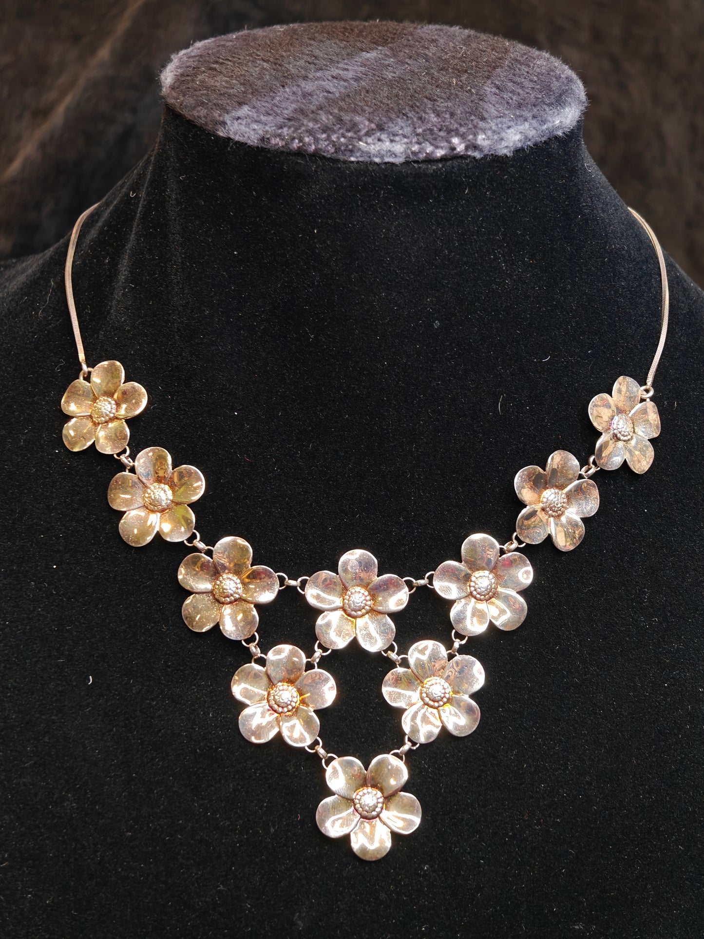 Paola Valentini Flower Bib Necklace - 925 Silver Necklace with a Copper Wash - Tiny Buds for Spring(Z))