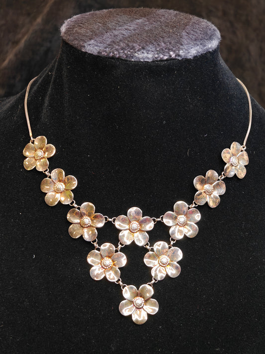 Paola Valentini Flower Bib Necklace - 925 Silver Necklace with a Copper Wash - Tiny Buds for Spring