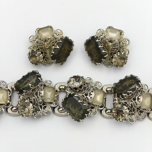Chunky Rhinestone Bracelet and Clip-On Earring Set - Vintage 1960s