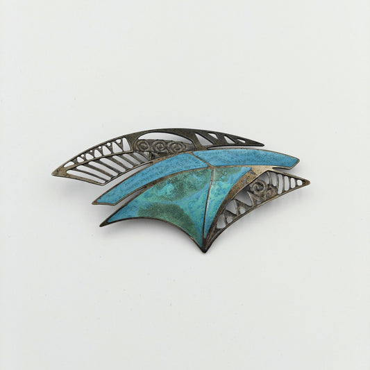 Signed Berebi Brooch - Japanned Metal and Blue Enamel - 1980s