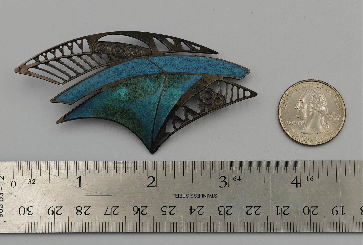 Signed Berebi Brooch - Japanned Metal and Blue Enamel - 1980s