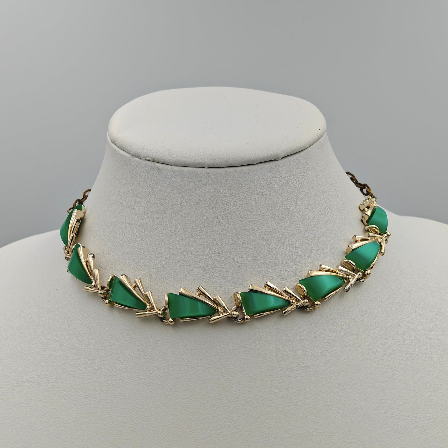 Gold Choker Necklace with Lucite Moonglow Green Sail Carbachol Insets - Marked ART