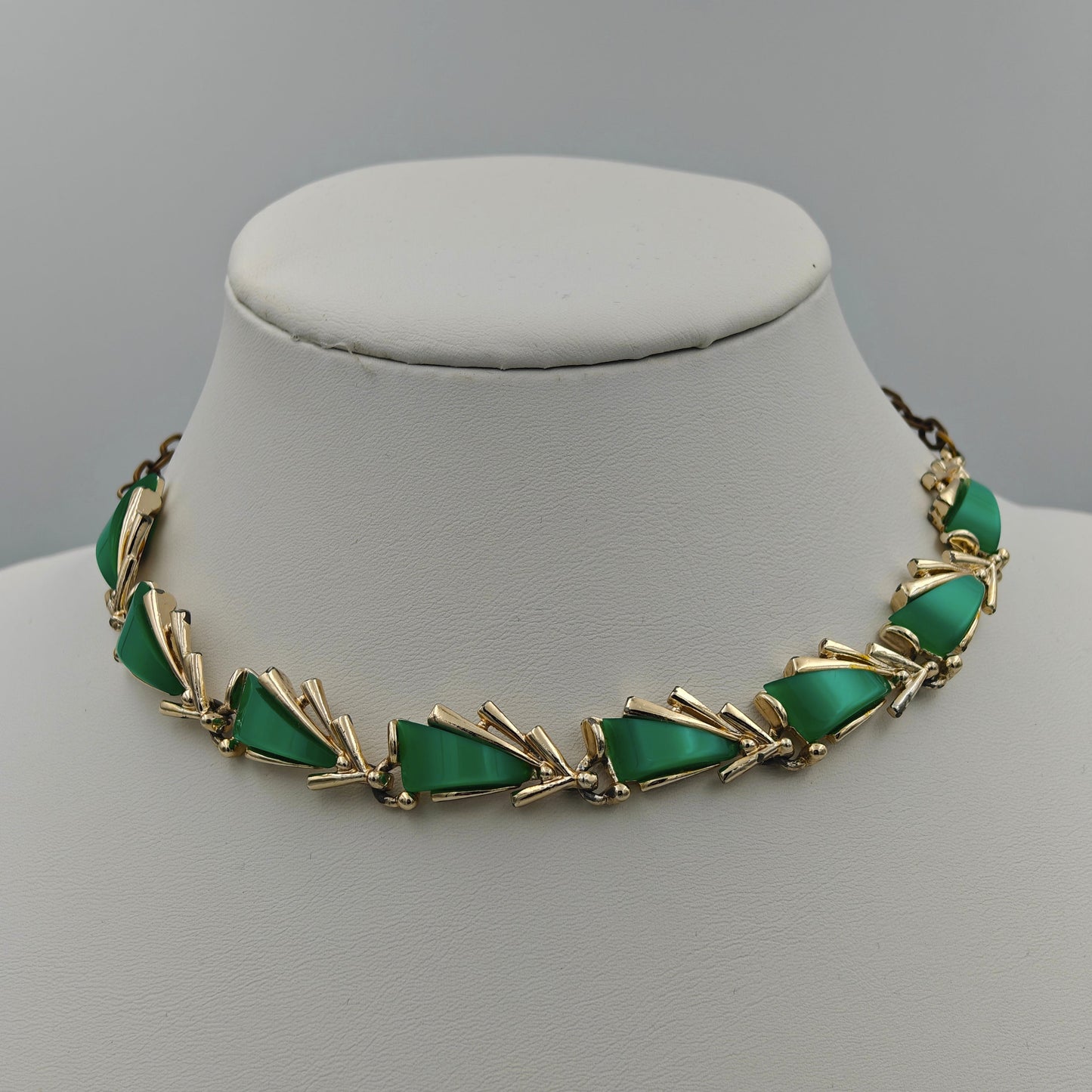 Gold Choker Necklace with Lucite Moonglow Green Sail Carbachol Insets - Marked ART